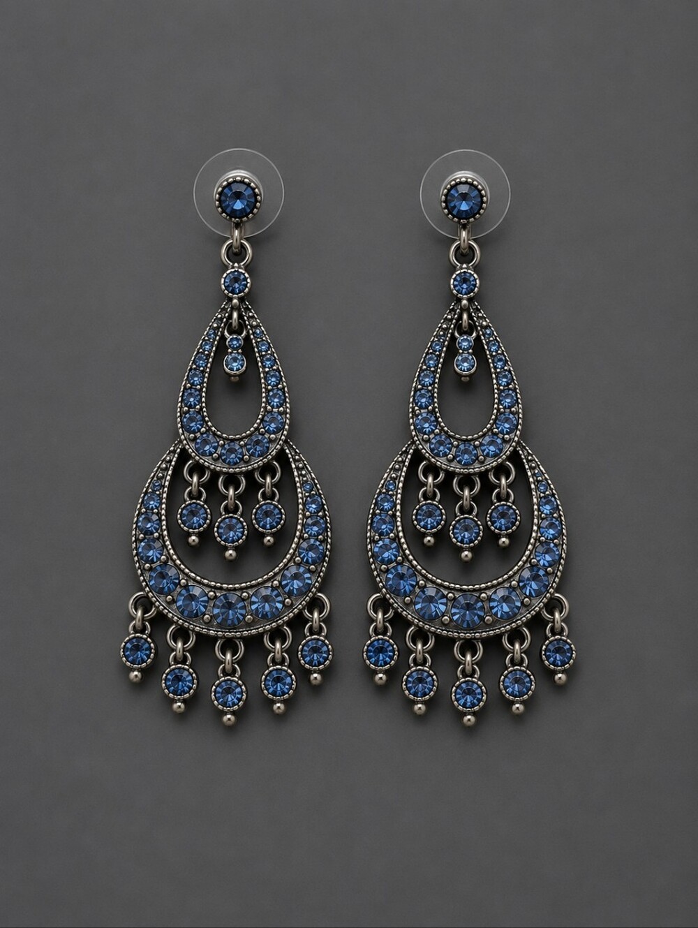 VTG Gunmetal Blue Rhinestone Gothic Chandalier Post Nebula Earrings